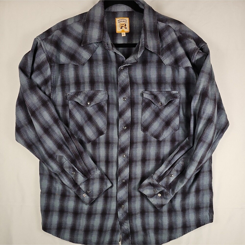 Resistol Round Up Mens XL Gray Blue Plaid Western Snap Shirt Cotton